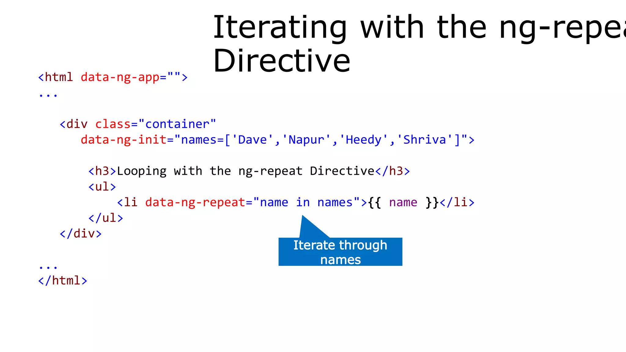 <html data-ng-app="">
...
<div class="container"
data-ng-init="names=['Dave','Napur','Heedy','Shriva']">
<h3>Looping with the ng-repeat Directive</h3>
<ul>
<li data-ng-repeat="name in names">{{ name }}</li>
</ul>
</div>
...
</html>
Iterate through
names
Iterating with the ng-repea
Directive
 
