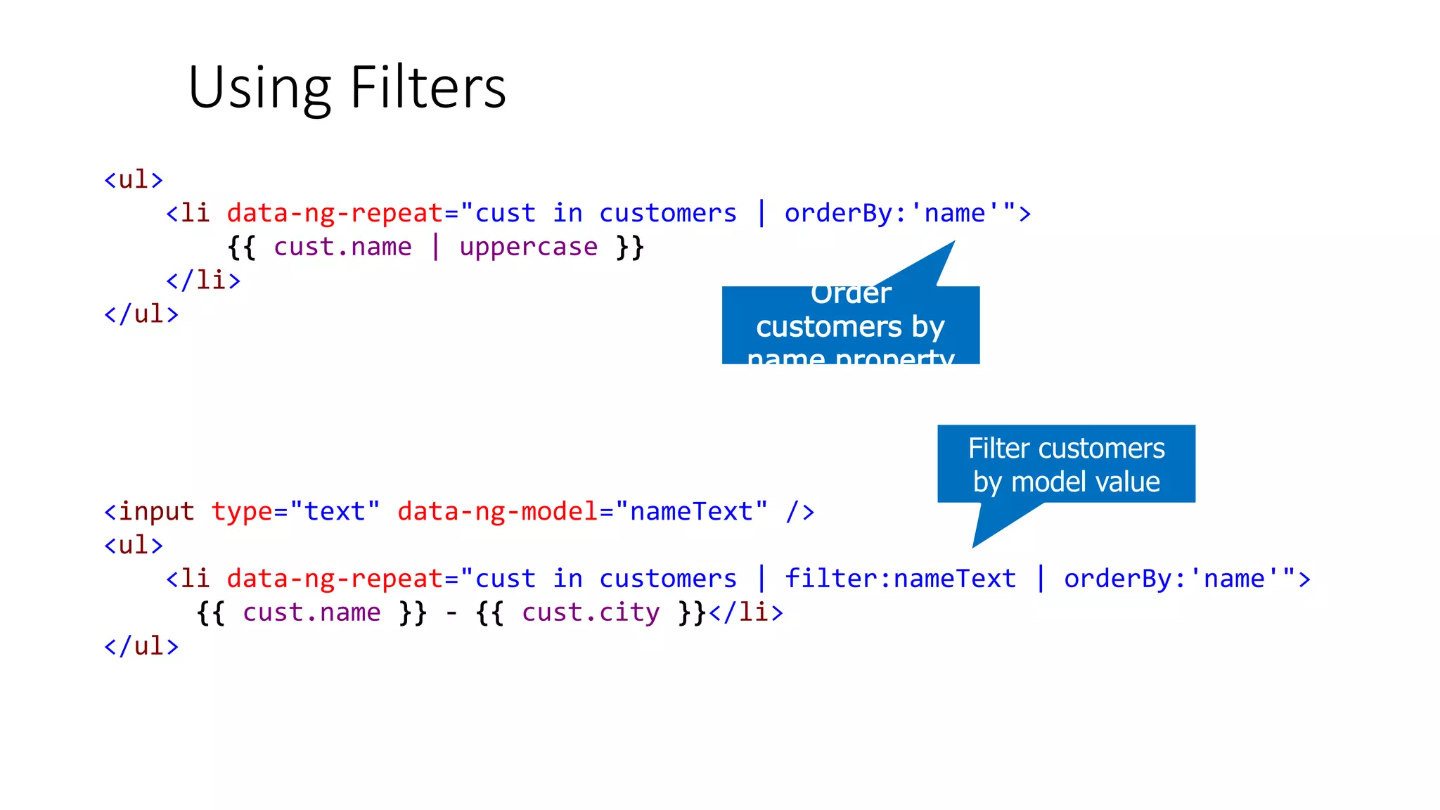 <ul>
<li data-ng-repeat="cust in customers | orderBy:'name'">
{{ cust.name | uppercase }}
</li>
</ul>
Order
customers by
name property
<input type="text" data-ng-model="nameText" />
<ul>
<li data-ng-repeat="cust in customers | filter:nameText | orderBy:'name'">
{{ cust.name }} - {{ cust.city }}</li>
</ul>
Filter customers
by model value
Using Filters
 
