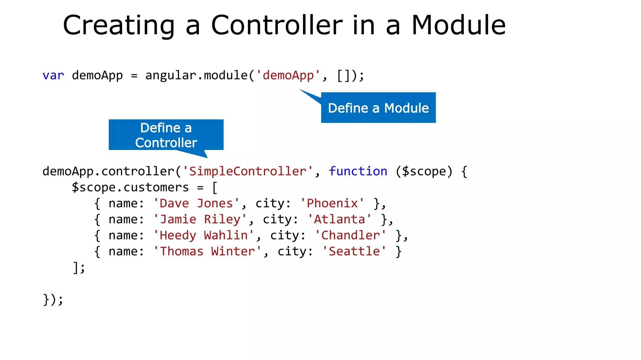 var demoApp = angular.module('demoApp', []);
demoApp.controller('SimpleController', function ($scope) {
$scope.customers = [
{ name: 'Dave Jones', city: 'Phoenix' },
{ name: 'Jamie Riley', city: 'Atlanta' },
{ name: 'Heedy Wahlin', city: 'Chandler' },
{ name: 'Thomas Winter', city: 'Seattle' }
];
});
Define a Module
Define a
Controller
Creating a Controller in a Module
 