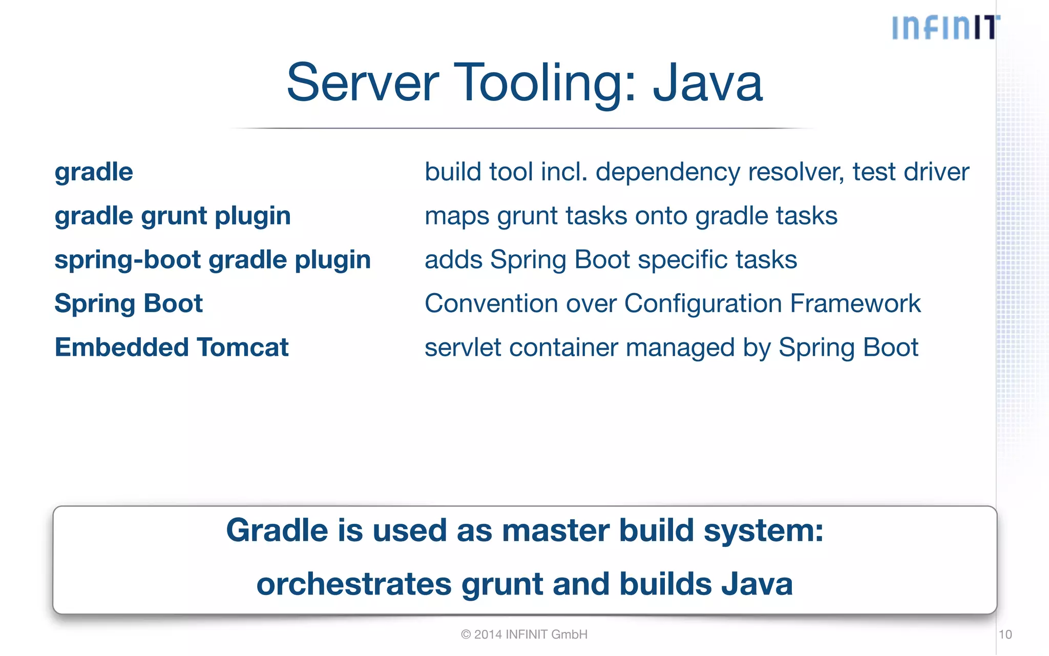 Server Tooling: Java gradle build tool incl. dependency resolver, test driver gradle grunt plugin maps grunt tasks onto gradle tasks spring-boot gradle plugin adds Spring Boot specific tasks Spring Boot Convention over Configuration Framework Embedded Tomcat servlet container managed by Spring Boot Gradle is used as master build system: orchestrates grunt and builds Java © 2014 INFINIT GmbH 10 