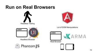 Run on Real Browsers
Headless Browser
Headless Testing
Lot of DOM Manipulations
Real Browser
19
 