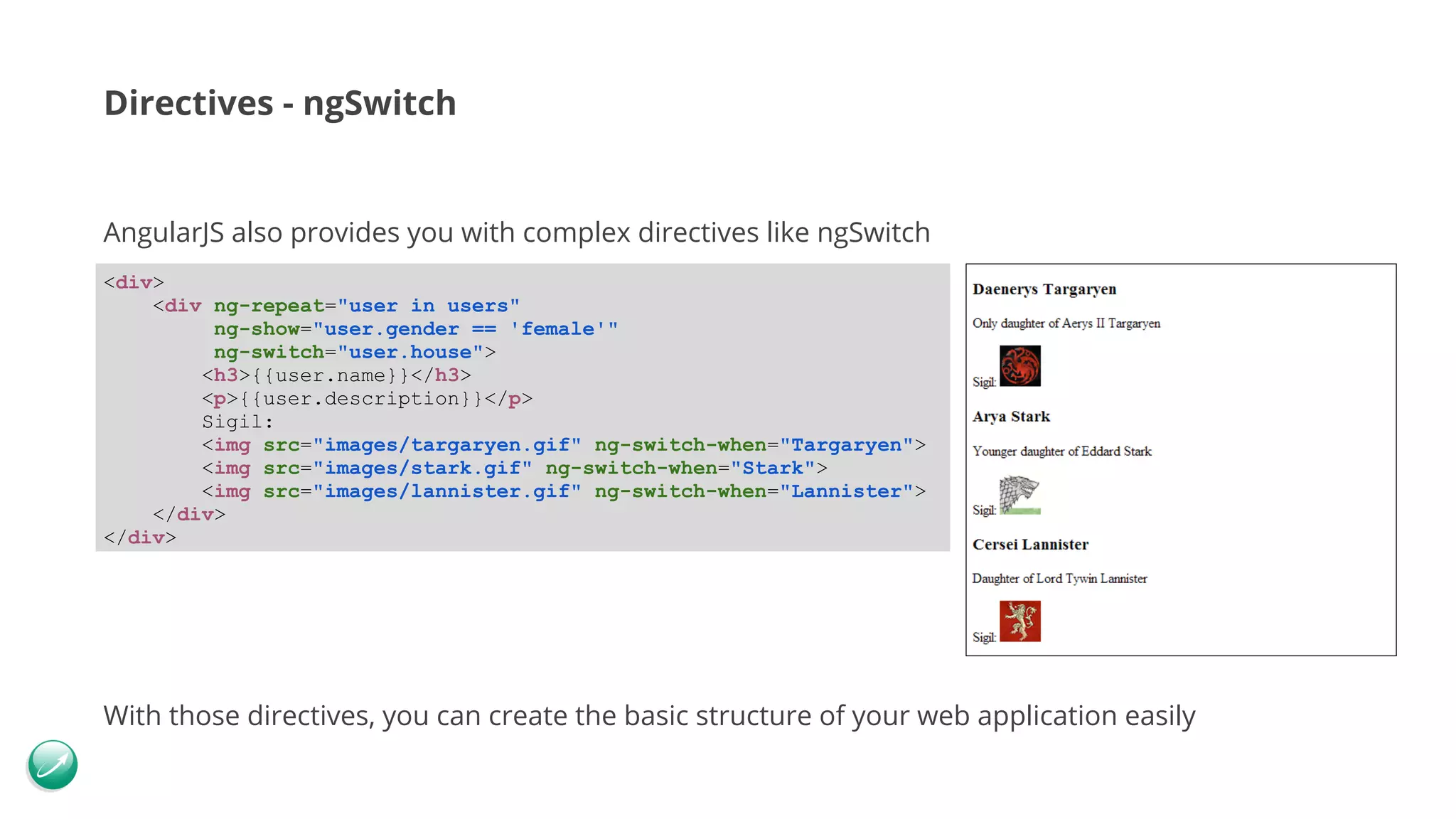 Directives - ngSwitch AngularJS also provides you with complex directives like ngSwitch With those directives, you can create the basic structure of your web application easily <div> <div ng-repeat="user in users" ng-show="user.gender == 'female'" ng-switch="user.house"> <h3>{{user.name}}</h3> <p>{{user.description}}</p> Sigil: <img src="images/targaryen.gif" ng-switch-when="Targaryen"> <img src="images/stark.gif" ng-switch-when="Stark"> <img src="images/lannister.gif" ng-switch-when="Lannister"> </div> </div> 