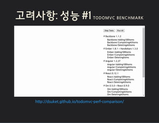고려사항: 성능 #1 TODOMVC BENCHMARK
Step Tests Run All
Backbone 1.1.2
Backbone/Adding100Items
Backbone/CompletingAllItems
Backbone/DeletingAllItems
Ember 1.8.1 + Handlebars 1.3.0
Ember/Adding100Items
Ember/CompletingAllItems
Ember/DeletingItems
Angular 1.2.27
Angular/Adding100Items
Angular/CompletingAllItems
Angular/DeletingAllItems
React 0.12.1
React/Adding100Items
React/CompletingAllItems
React/DeletingAllItems
Om 0.5.0 + React 0.9.0
Om/Adding100Items
Om/CompletingAllItems
Om/DeletingAllItems
http://dsuket.github.io/todomvc-perf-comparison/
 