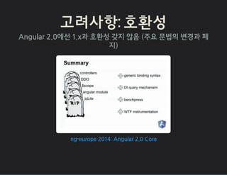 고려사항: 호환성
Angular 2.0에선 1.x과 호환성 갖지 않음 (주요 문법의 변경과 폐
지)
ng-europe 2014: Angular 2.0 Core
 
