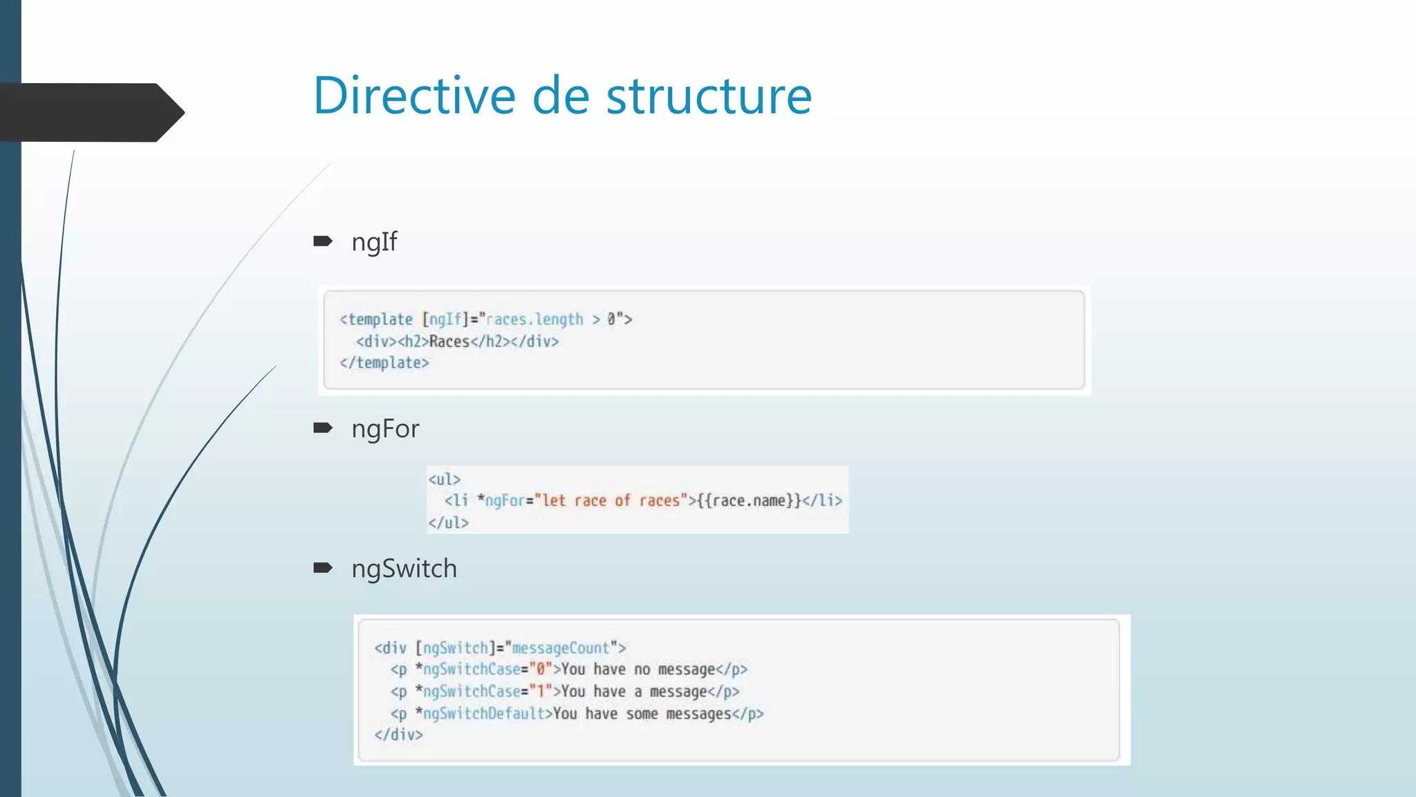Directive de structure
 ngIf
 ngFor
 ngSwitch
 