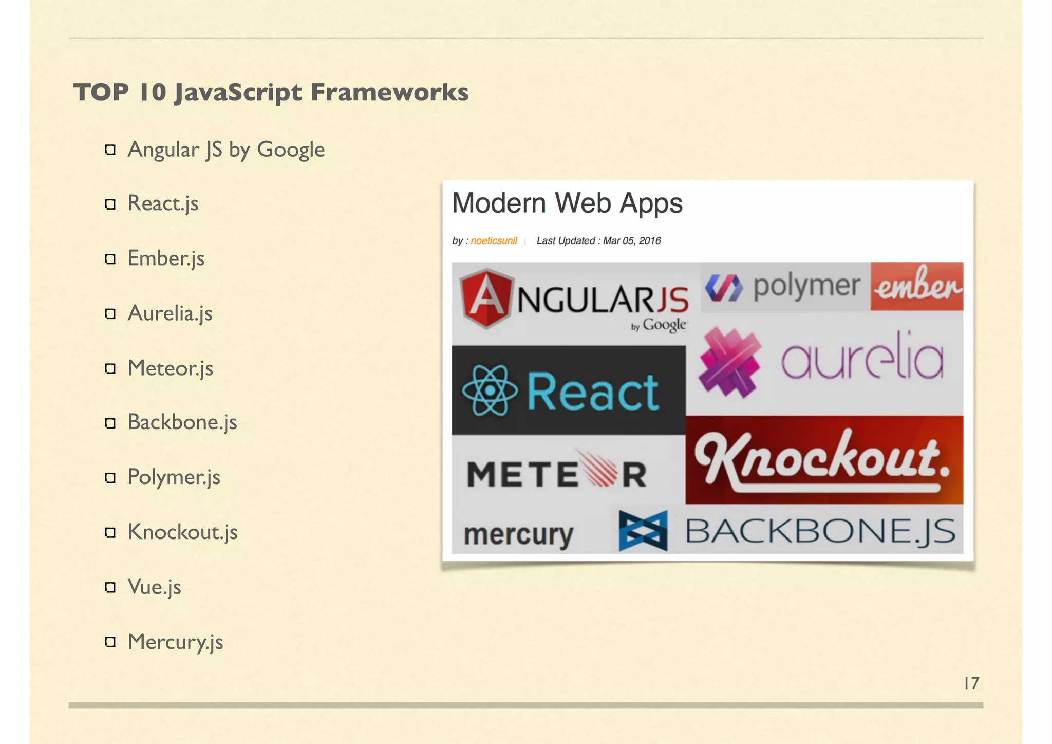 TOP 10 JavaScript Frameworks
Angular JS by Google
React.js
Ember.js
Aurelia.js
Meteor.js
Backbone.js
Polymer.js
Knockout.js
Vue.js
Mercury.js
17
 