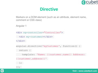 Directive
Visit – www.cubettech.com
Markers on a DOM element (such as an attribute, element name,
comment or CSS class)
Angular 1
<div ng-controller="Controller">
<div my-customer></div>
</div>
angular.directive('myCustomer', function() {
return {
template: 'Name: {{customer.name}} Address:
{{customer.address}}'
};
});
 