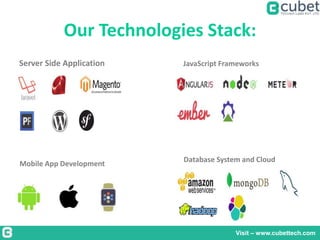 Our Technologies Stack:
Server Side Application JavaScript Frameworks
Mobile App Development
Database System and Cloud
Visit – www.cubettech.com
 