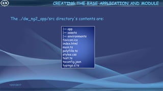 The ../dw_ng2_app/src directory's contents are:
12/01/2017 47
CREATING THE BASE APPLICATION AND MODULE
|— app
|— assets
|— environments
favicon.ico
index.html
main.ts
polyfills.ts
styles.css
test.ts
tsconfig.json
typings.d.ts
 