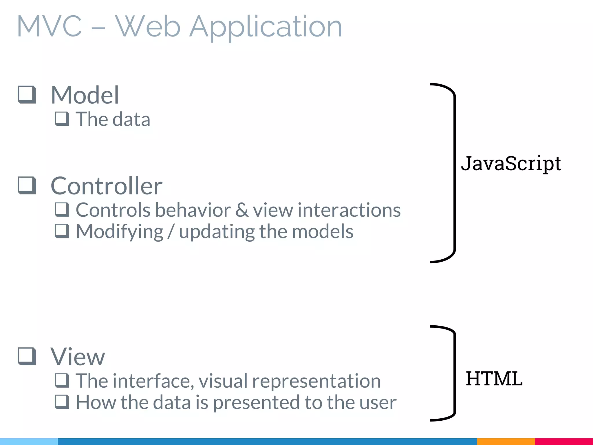 MVC – Web Application
 Model
 The data
 Controller
 Controls behavior & view interactions
 Modifying / updating the models
 View
 The interface, visual representation
 How the data is presented to the user
JavaScript
HTML
 
