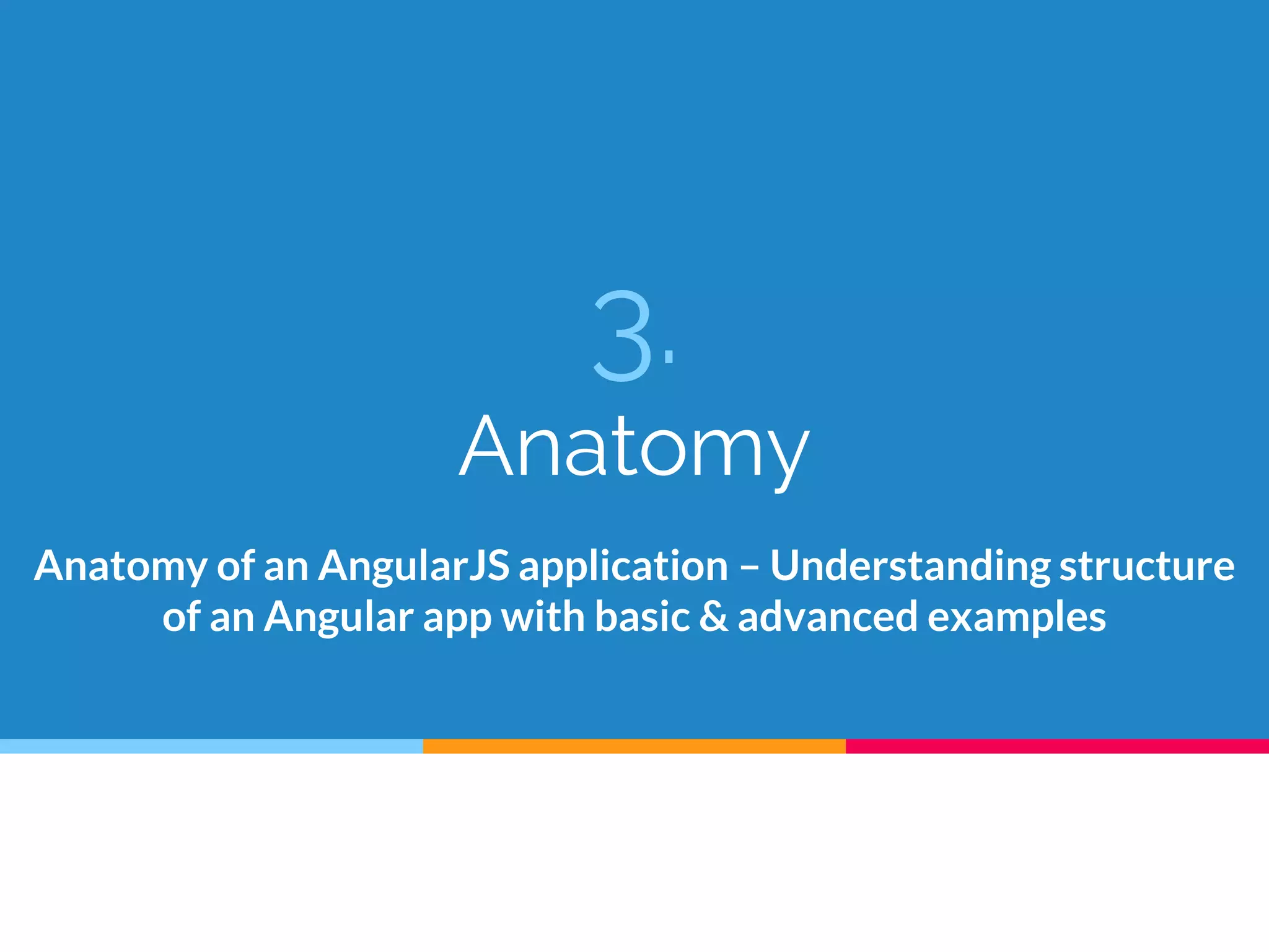 3.
Anatomy
Anatomy of an AngularJS application – Understanding structure
of an Angular app with basic & advanced examples
 