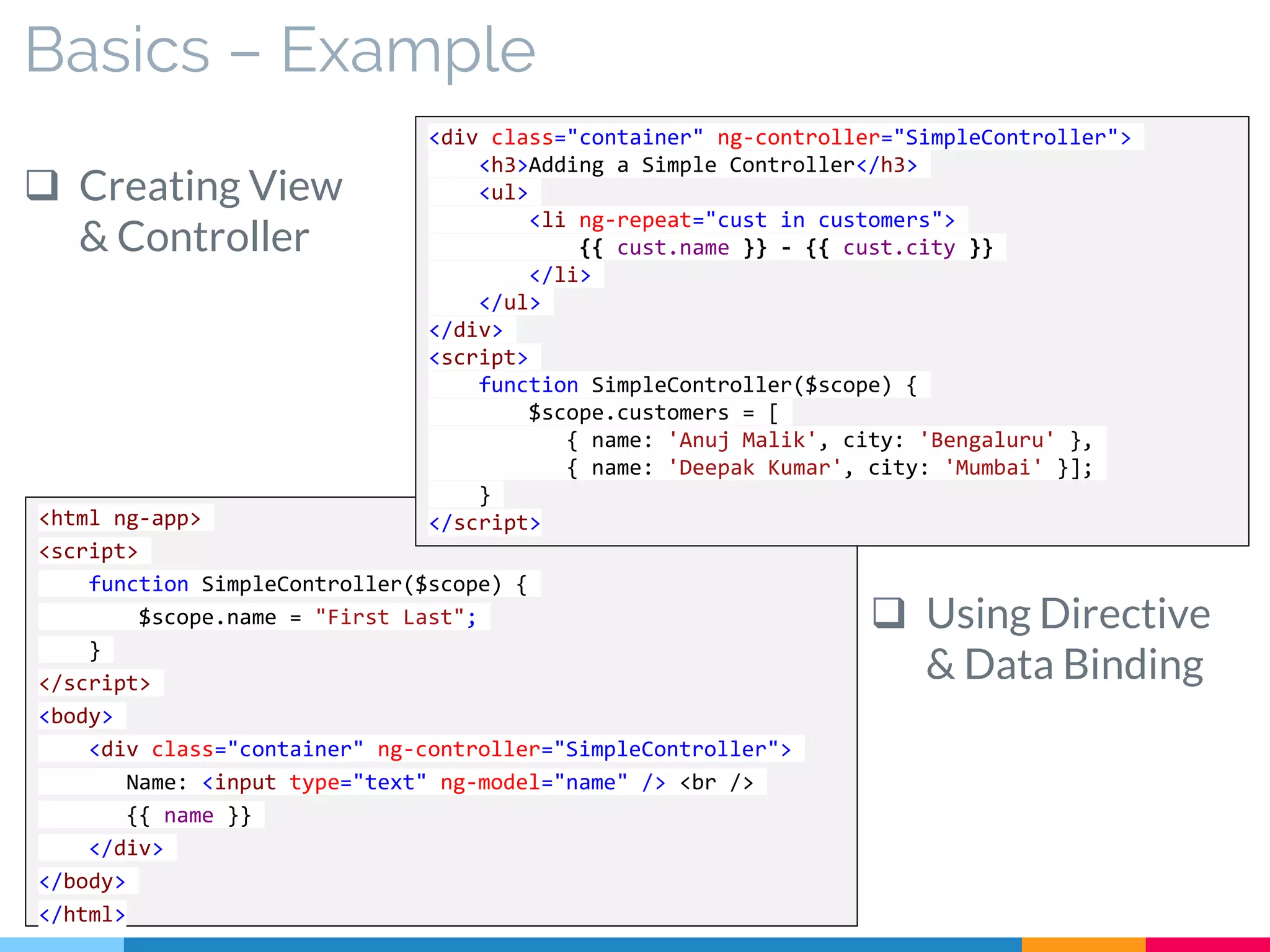 Basics – Example
 Creating View
& Controller
 Using Directive
& Data Binding
<html ng-app>
<script>
function SimpleController($scope) {
$scope.name = "First Last";
}
</script>
<body>
<div class="container" ng-controller="SimpleController">
Name: <input type="text" ng-model="name" /> <br />
{{ name }}
</div>
</body>
</html>
<div class="container" ng-controller="SimpleController">
<h3>Adding a Simple Controller</h3>
<ul>
<li ng-repeat="cust in customers">
{{ cust.name }} - {{ cust.city }}
</li>
</ul>
</div>
<script>
function SimpleController($scope) {
$scope.customers = [
{ name: 'Anuj Malik', city: 'Bengaluru' },
{ name: 'Deepak Kumar', city: 'Mumbai' }];
}
</script>
 