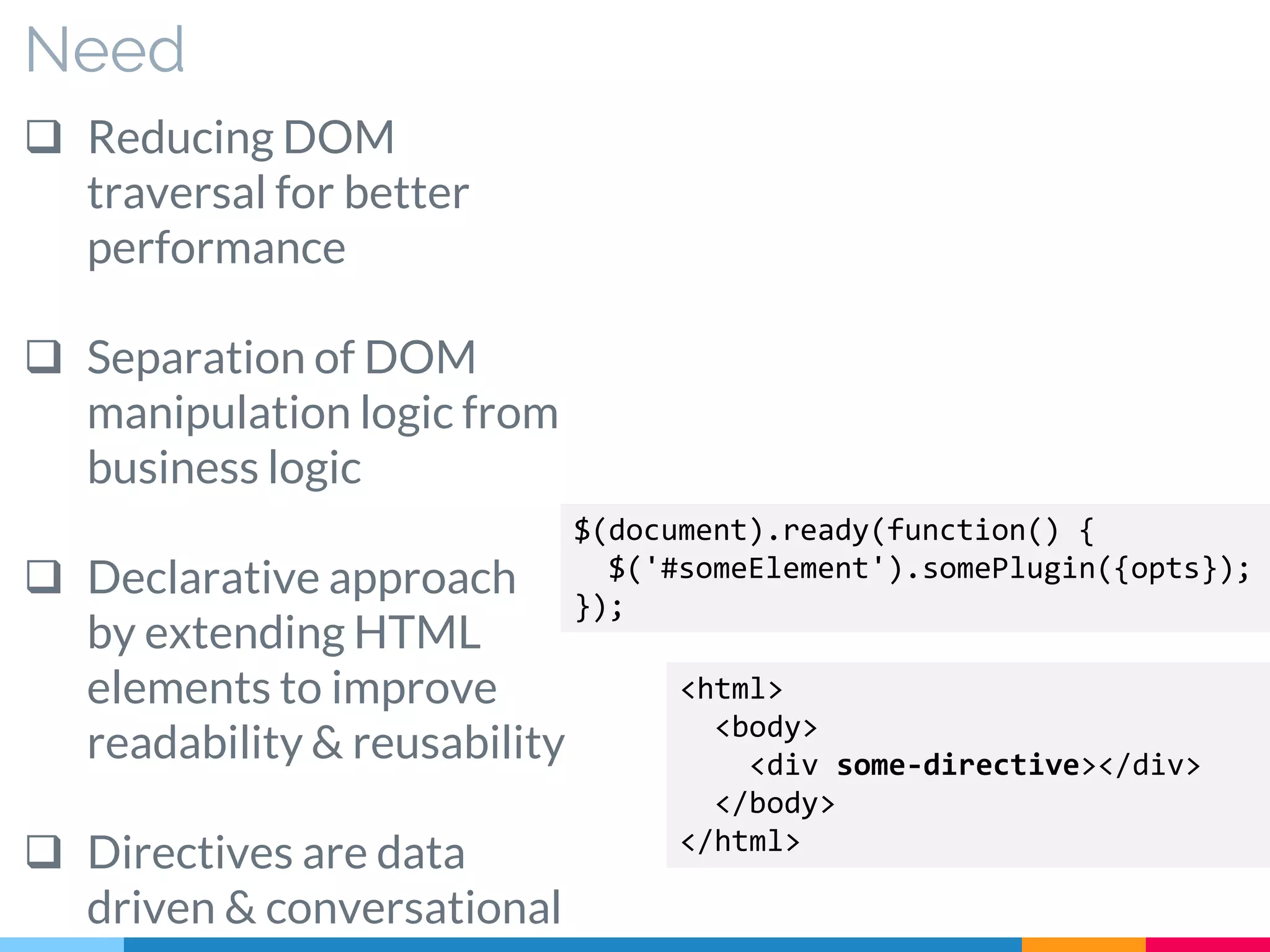 Need
 Reducing DOM
traversal for better
performance
 Separation of DOM
manipulation logic from
business logic
 Declarative approach
by extending HTML
elements to improve
readability & reusability
 Directives are data
driven & conversational
$(document).ready(function() {
$('#someElement').somePlugin({opts});
});
<html>
<body>
<div some-directive></div>
</body>
</html>
 