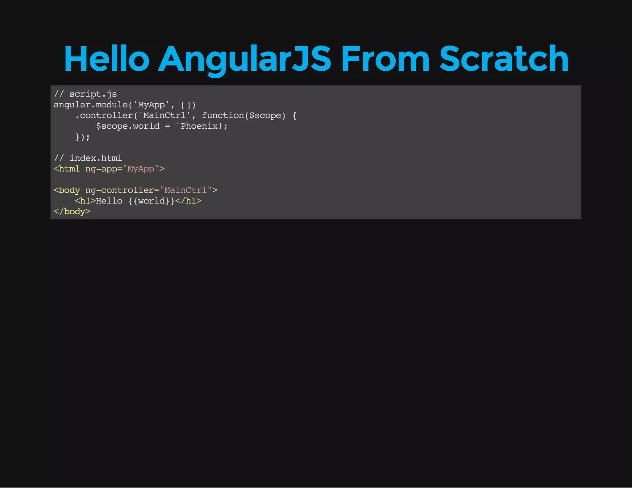 Hello AngularJS From Scratch / srp.s / citj aglrmdl(MAp,[) nua.oue'yp' ] .otolr'antl,fnto(soe { cnrle(MiCr' ucin$cp) $cp.ol ='hei! soewrd Ponx; }; ) / idxhm / ne.tl <tln-p=MAp> hm gap"yp" <oyn-otolr"antl> bd gcnrle=MiCr" <1Hlo{wrd}/1 h>el {ol}<h> <bd> /oy 