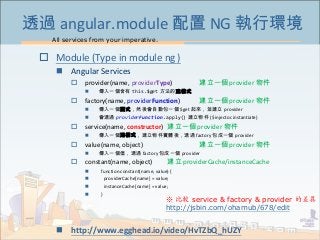 All services from your imperative.
31
透過 angular.module 配置 NG 執行環境
 Module (Type in module ng )
 Angular Services
 prov...