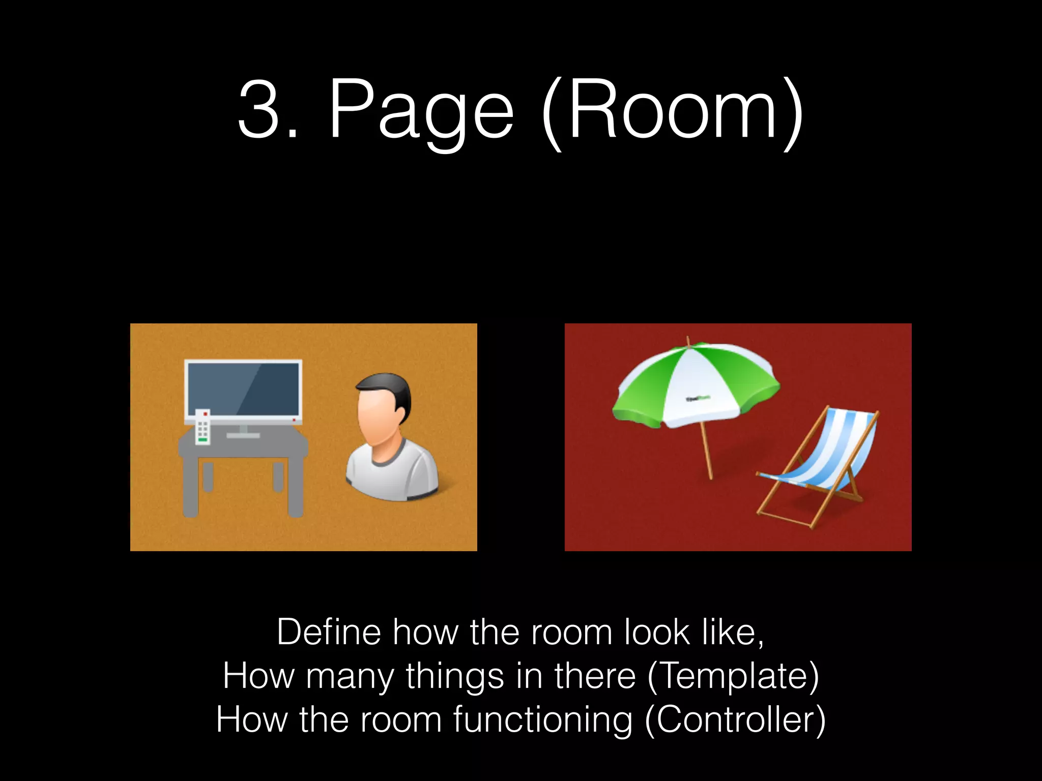 3. Page (Room) Deﬁne how the room look like,  How many things in there (Template) How the room functioning (Controller) 