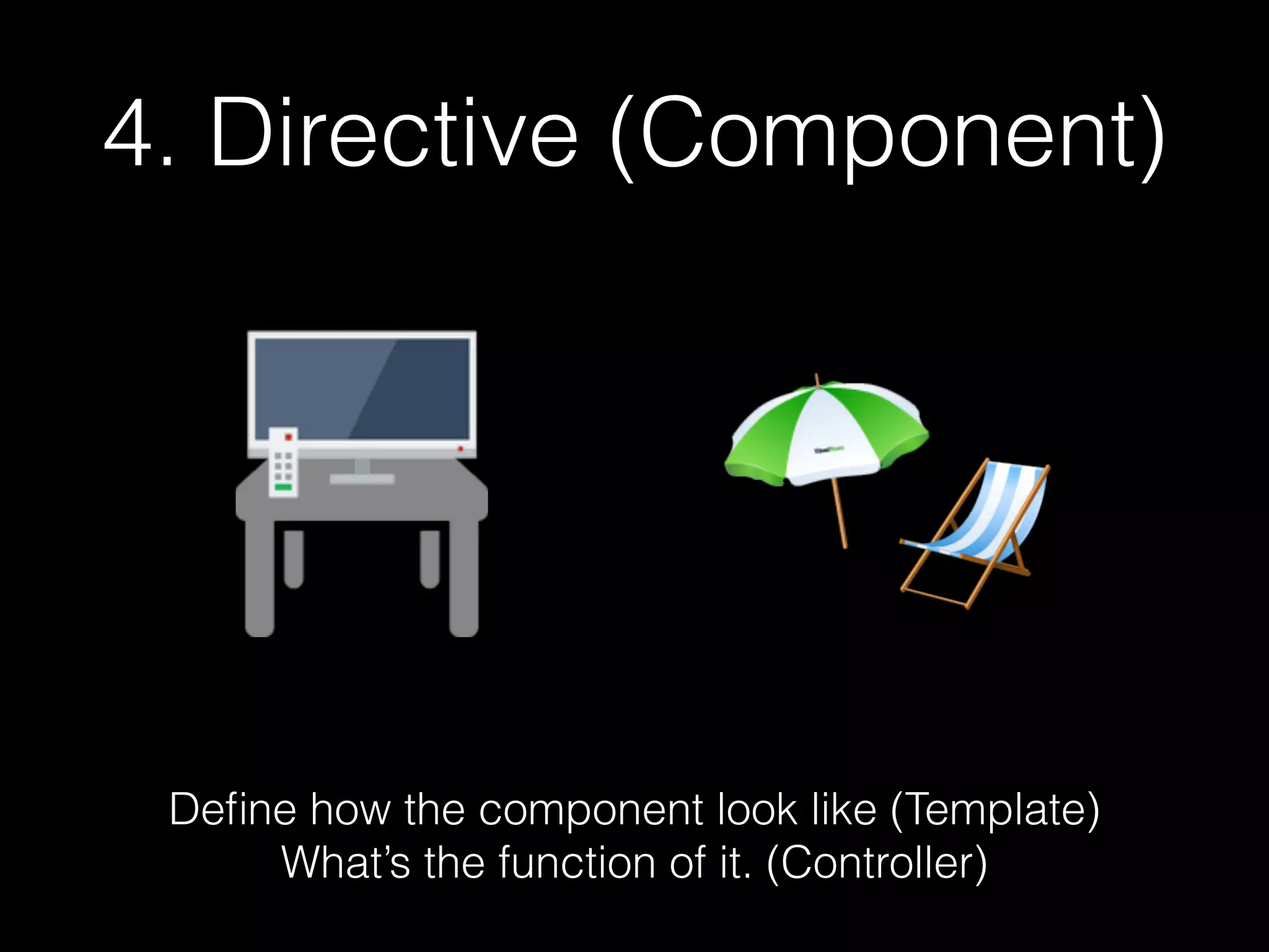 4. Directive (Component) Deﬁne how the component look like (Template) What’s the function of it. (Controller) 