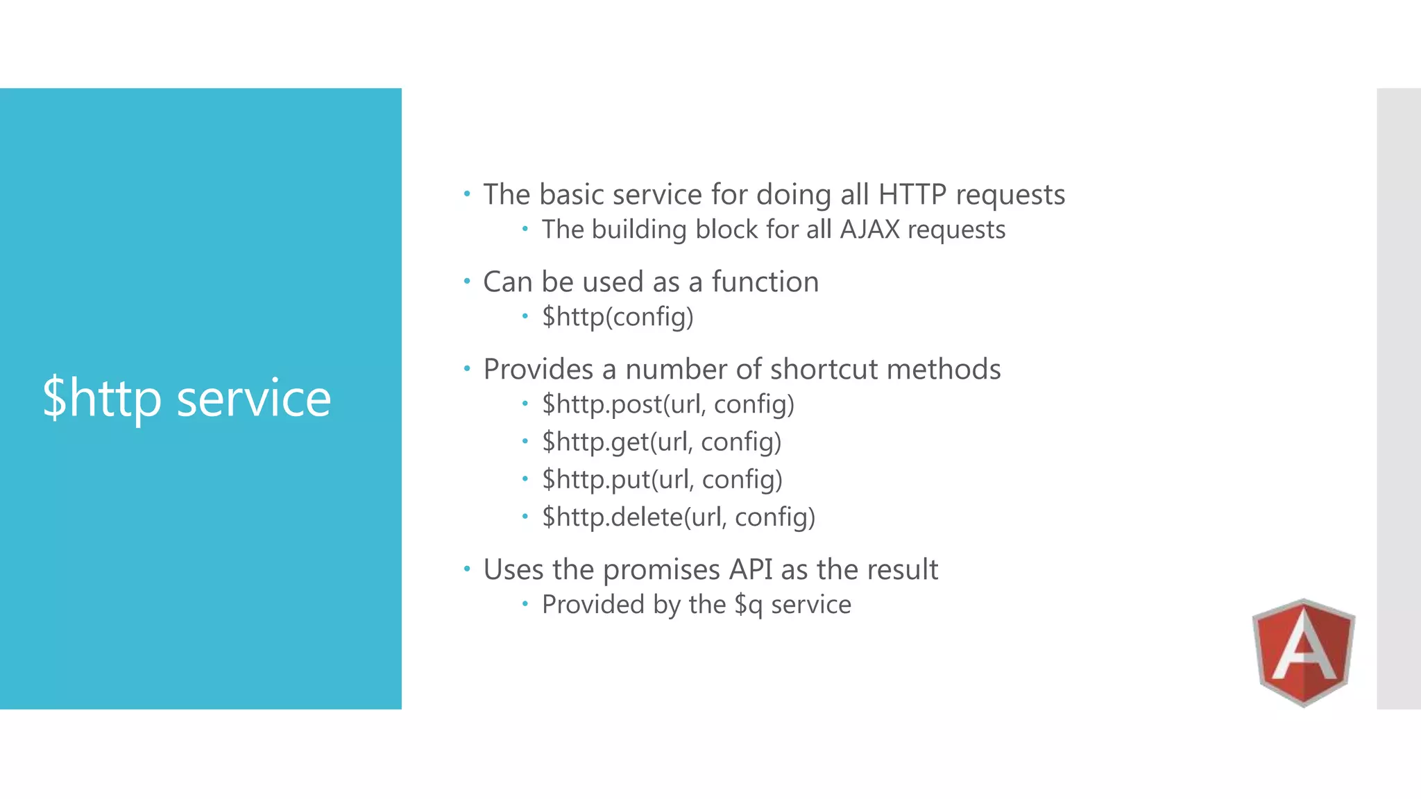  The basic service for doing all HTTP requests  The building block for all AJAX requests  Can be used as a function  $http(config) $http service  Provides a number of shortcut methods     $http.post(url, config) $http.get(url, config) $http.put(url, config) $http.delete(url, config)  Uses the promises API as the result  Provided by the $q service 