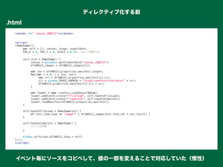 ディレクティブ化する前
イベント毎にソースをコピペして、値の一部を変えることで対応していた（惰性）
<canvas id=” canvas_100522”></canvas>
<script>
(function(){
" var self = {}, canvas, stage, exportRoot,
" POS_X = 0, POS_Y = 0, SCALE = 0.55; //※ここ調整する
"
" self.init = function() {
" " canvas = document.getElementById("canvas_100522");
" " df100522_images = df100522_images||{};
 
" " var len = df100522.properties.manifest.length;
" " for(var i = 0; i < len; i++){
" " " var url = df100522.properties.manifest[i].src;
" " " url = window.IMAGE_DOMAIN + "/high/roomfurniture/deco/" + url;
" " " df100522.properties.manifest[i].src = url;
" " }
 
" " var loader = new createjs.LoadQueue(false);
" " loader.addEventListener("fileload", self.handleFileLoad);
" " loader.addEventListener("complete", self.handleComplete);
" " loader.loadManifest(df100522.properties.manifest);
" }
 
" self.handleFileLoad = function(evt) {
"" if (evt.item.type == "image") { df100522_images[evt.item.id] = evt.result; }
" }
 
" self.handleComplete = function() {
"" //ここは省略
" }
 
" window.selfytown.df100522_shop = self;
}());
</script>
.html
 