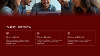 Course Overview
1
Target Audience
Ideal for beginners and experienced
developers looking to enhance their
Angular JS skills.
2
Training Objective
Participants will learn the fundamentals
of Angular JS to build dynamic web
applications.
3
Duration and Format
The course spans 30 hours combining
theoretical lessons with practical
exercises.
 