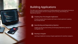 Building Applications
This slide covers essential components of building applications using Angular, focusing on
practical implementation and core concepts such as routing, data binding, and
dependency injection.
1 Creating Your First Angular Application
A hands-on project where students will create a simple application, applying
the concepts learned.
2 Data Binding and Dependency Injection
Insights into two-way data binding and leveraging dependency injection for
manageable code.
3 Routing in Angular
Learning to implement routing in Angular applications for seamless navigation.
 