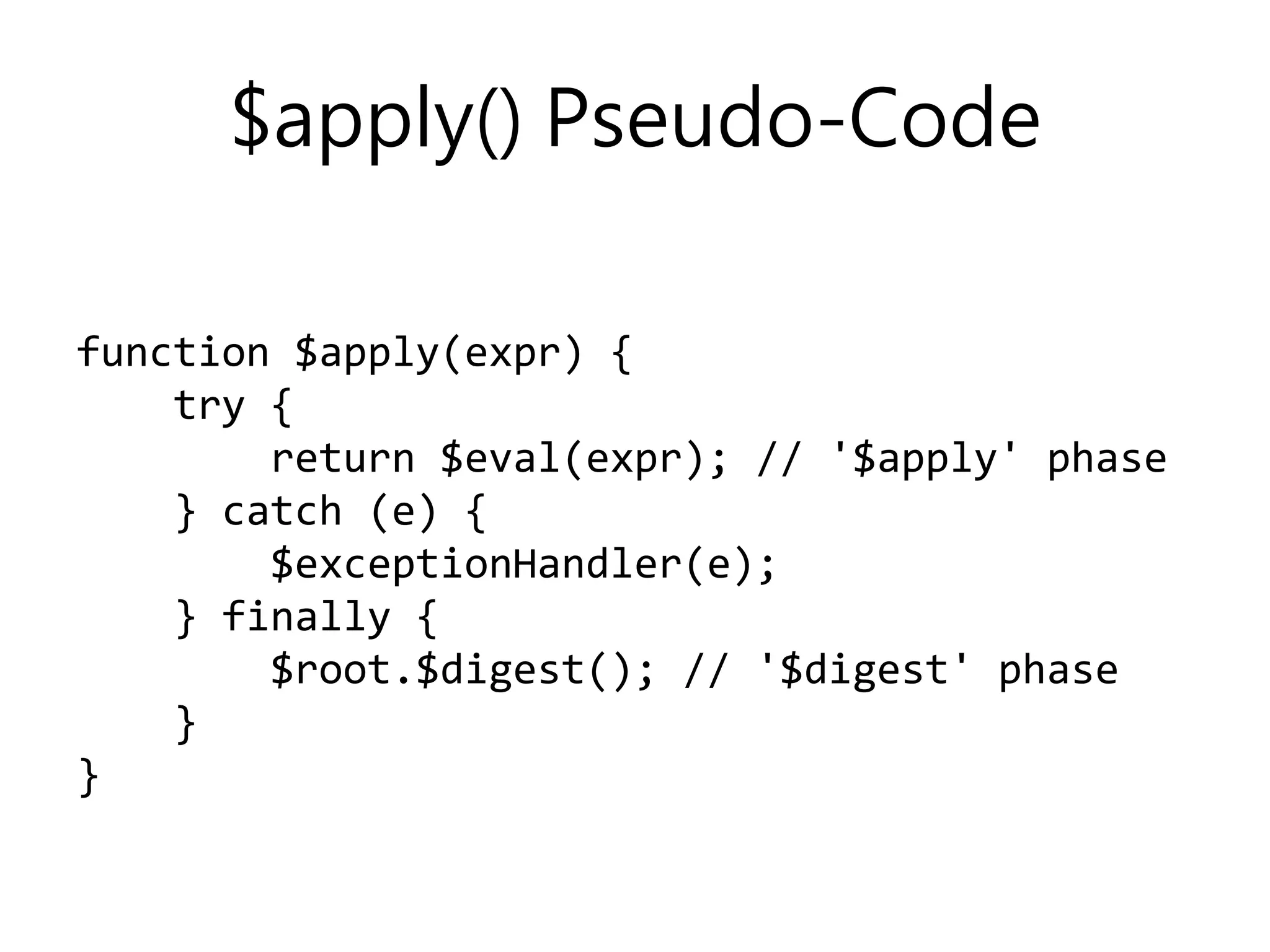 $apply() Pseudo-Code function $apply(expr) { try { return $eval(expr); // '$apply' phase } catch (e) { $exceptionHandler(e); } finally { $root.$digest(); // '$digest' phase } } 