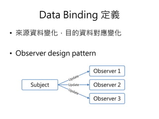 Data Binding 定義
• 來源資料變化，目的資料對應變化
• Observer design pattern
Subject
Observer 1
Update Observer 2
Observer 3
 