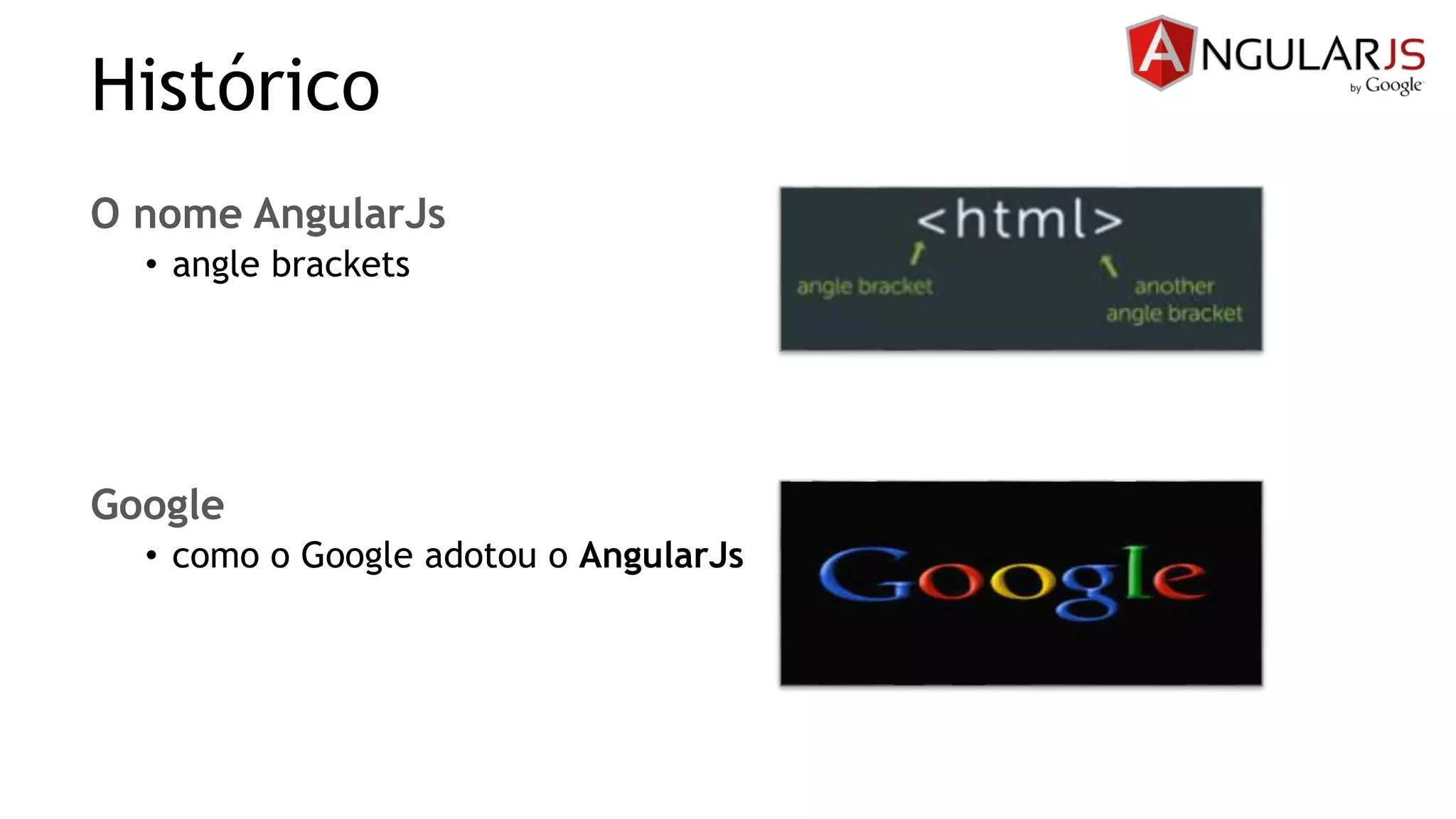 Histórico
O nome AngularJs
• angle brackets
Google
• como o Google adotou o AngularJs