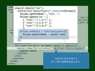 ngClick Directiveにて
ボタン押下処理を記述します。

 