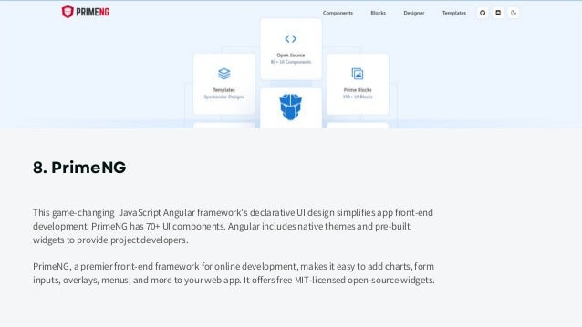 8. PrimeNG
This game-changing JavaScript Angular framework’s declarative UI design simplifies app front-end
development. PrimeNG has 70+ UI components. Angular includes native themes and pre-built
widgets to provide project developers.
PrimeNG, a premier front-end framework for online development, makes it easy to add charts, form
inputs, overlays, menus, and more to your web app. It offers free MIT-licensed open-source widgets.
 