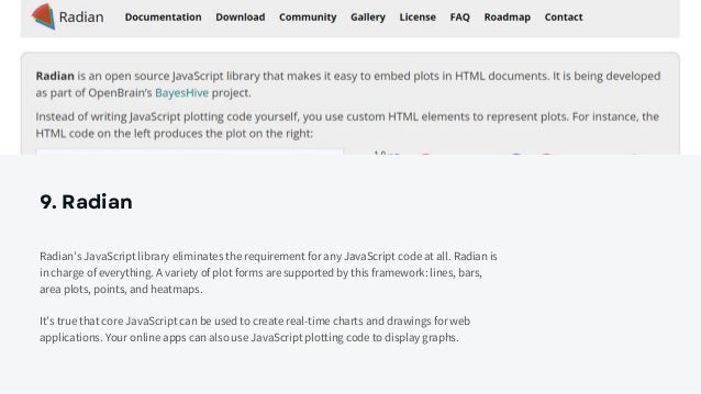 9. Radian
Radian’s JavaScript library eliminates the requirement for any JavaScript code at all. Radian is
in charge of everything. A variety of plot forms are supported by this framework: lines, bars,
area plots, points, and heatmaps.
It’s true that core JavaScript can be used to create real-time charts and drawings for web
applications. Your online apps can also use JavaScript plotting code to display graphs.
 