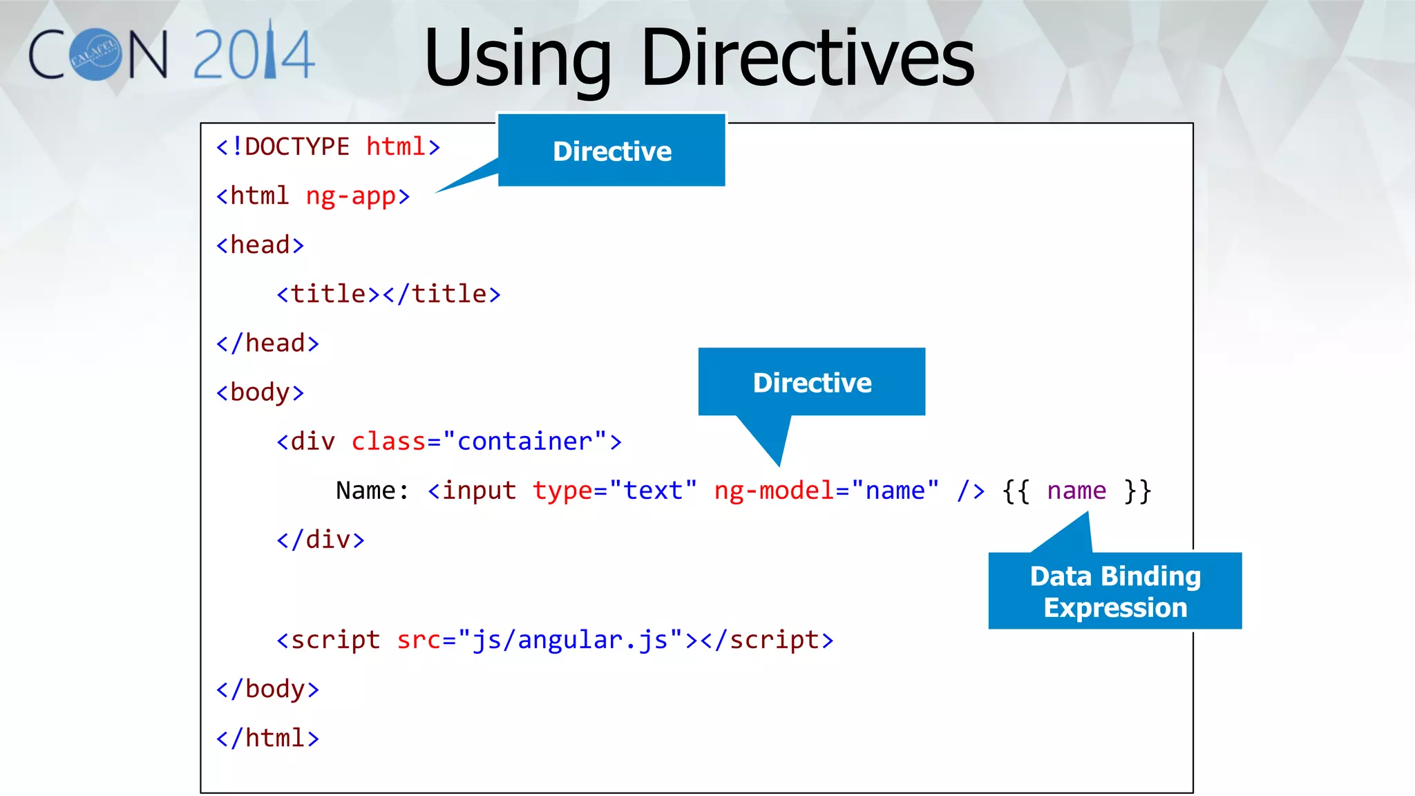 <!DOCTYPE 
html> 
<html 
ng-­‐app> 
<head> 
<title></title> 
</head> 
<body> 
<div 
class="container"> 
Name: 
<input 
type="text" 
ng-­‐model="name" 
/> 
{{ 
name 
}} 
</div> 
<script 
src="js/angular.js"></script> 
</body> 
</html> 
Directive 
Directive 
Data Binding 
Expression 
Using Directives 
 
