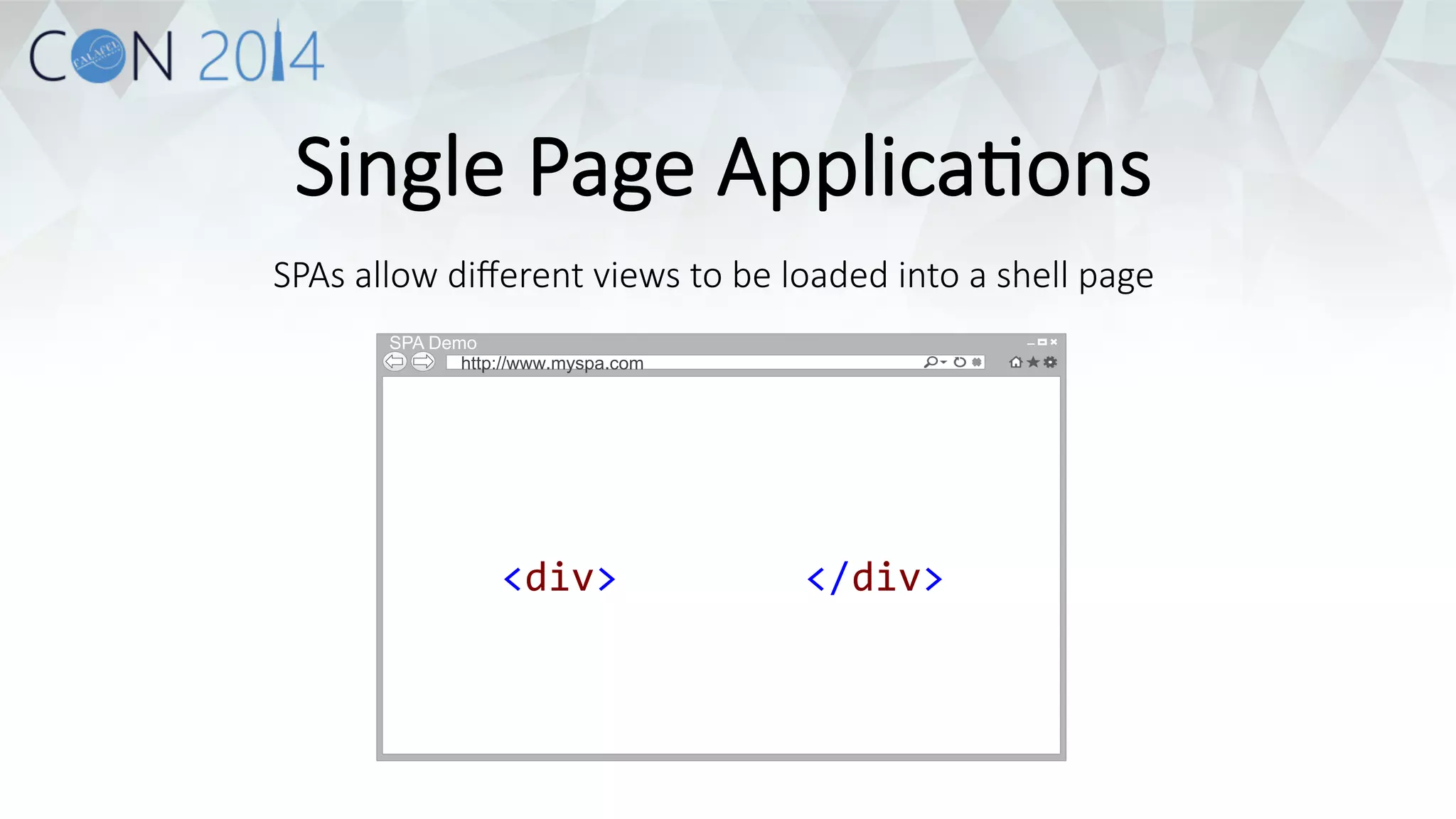 Single Page ApplicaDons 
SPAs allow different views to be loaded into a shell page 
SPA Demo 
http://www.myspa.com 
<div> 
</div> 
 