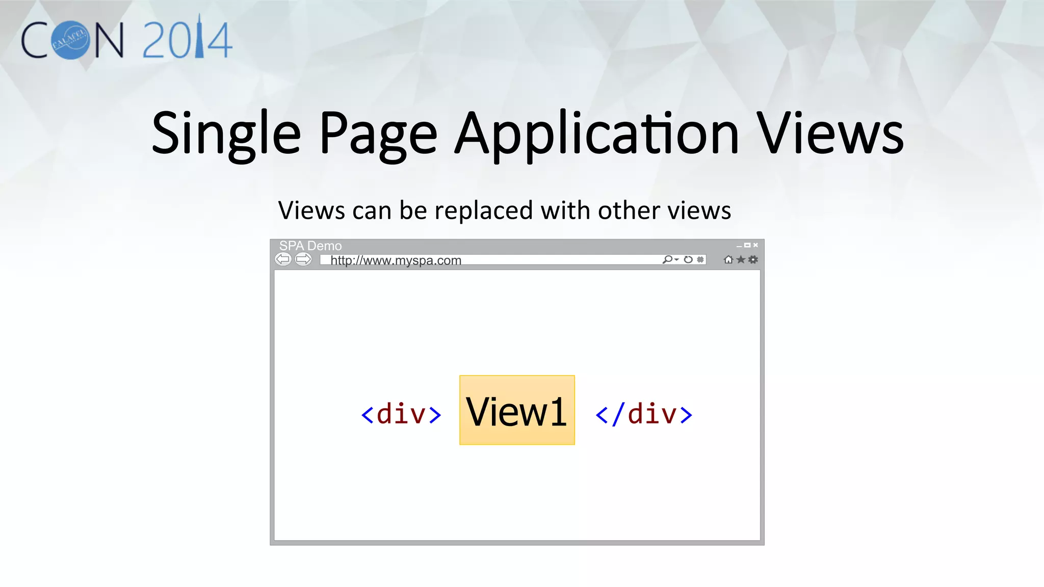 Single Page ApplicaDon Views 
Views 
can 
be 
replaced 
with 
other 
views 
SPA Demo 
http://www.myspa.com 
<div> 
V 
i 
e 
w 
1 
</div> 
 