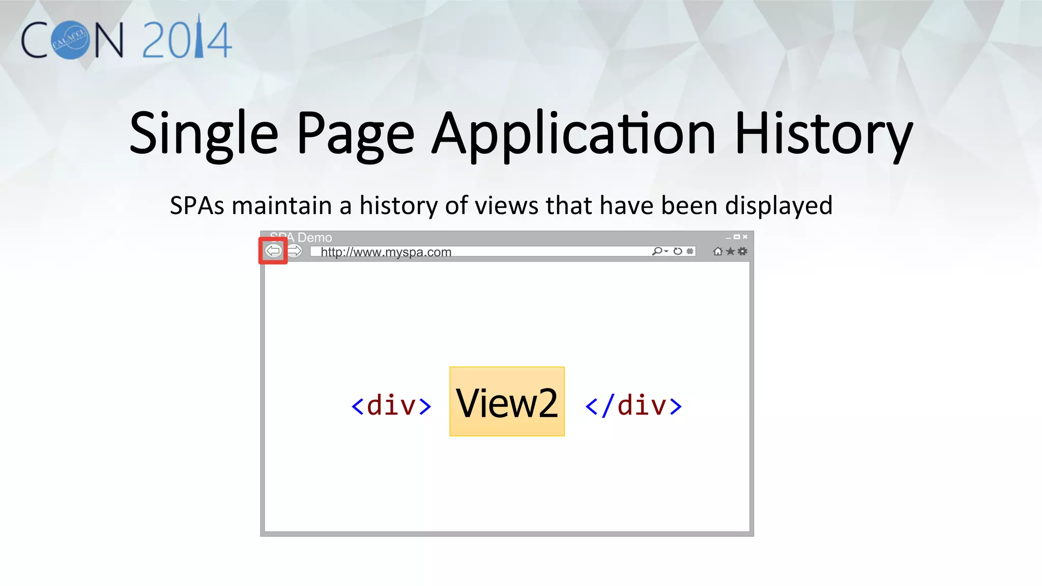 Single Page ApplicaDon History 
SPAs 
maintain 
a 
history 
of 
views 
that 
have 
been 
displayed 
SPA Demo 
http://www.myspa.com 
<div> 
V 
i 
e 
w 
2 
</div> 
 