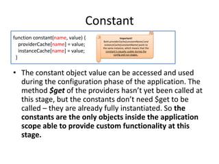 Constant
function constant(name, value) {
providerCache[name] = value;
instanceCache[name] = value;
}

Important!
Both providerCache[constantName] and
instanceCache[constantName] point to
the same instance, which means that the
constant is equally usable during the
config and run stages..

• The constant object value can be accessed and used
during the configuration phase of the application. The
method $get of the providers hasn’t yet been called at
this stage, but the constants don’t need $get to be
called – they are already fully instantiated. So the
constants are the only objects inside the application
scope able to provide custom functionality at this
stage.

 