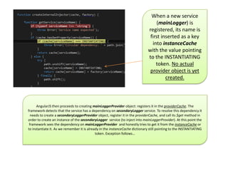 When a new service
(mainLogger) is
registered, its name is
first inserted as a key
into instanceCache
with the value pointing
to the INSTANTIATING
token. No actual
provider object is yet
created.

AngularJS then proceeds to creating mainLoggerProvider object: registers it in the providerCache. The
framework detects that the service has a dependency on secondaryLogger service. To resolve this dependency it
needs to create a secondaryLoggerProvider object, register it in the providerCache, and call its $get method in
order to create an instance of the secondaryLogger service (to inject into mainLoggerProvider). At this point the
framework sees the dependency on mainLoggerProvider and honestly tries to get it from the instanceCache or
to instantiate it. As we remember it is already in the instanceCache dictionary still pointing to the INSTANTIATING
token. Exception follows…

 