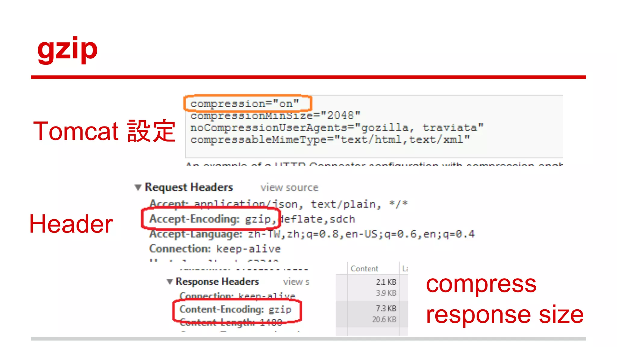 gzip
Tomcat 設定
Header
compress
response size
 