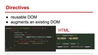 Directives
● reusable DOM
● augments an existing DOM
HTML
 