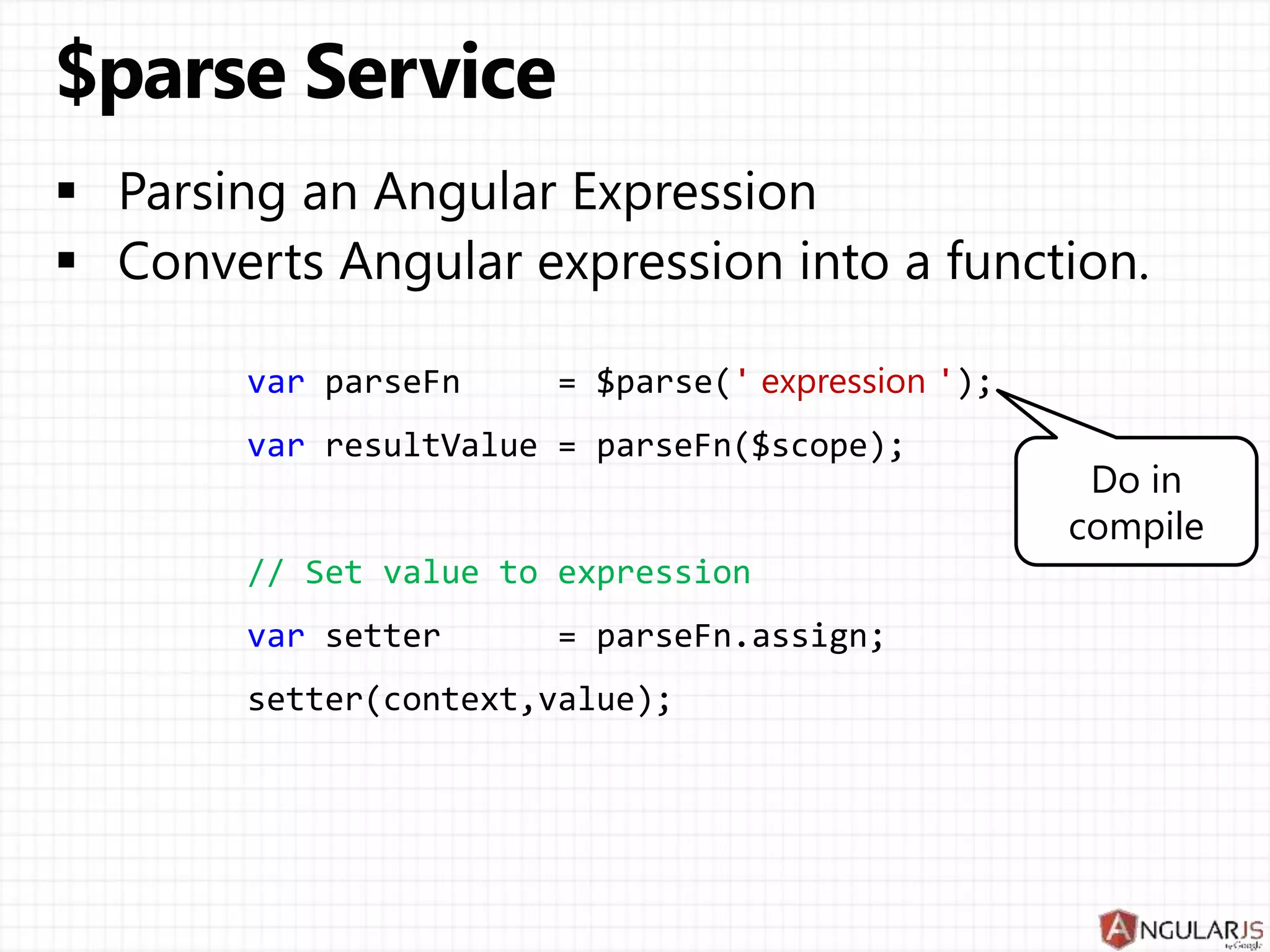var parseFn = $parse(' expression ');
var resultValue = parseFn($scope);
// Set value to expression
var setter = parseFn.assign;
setter(context,value);
Do in
compile
 