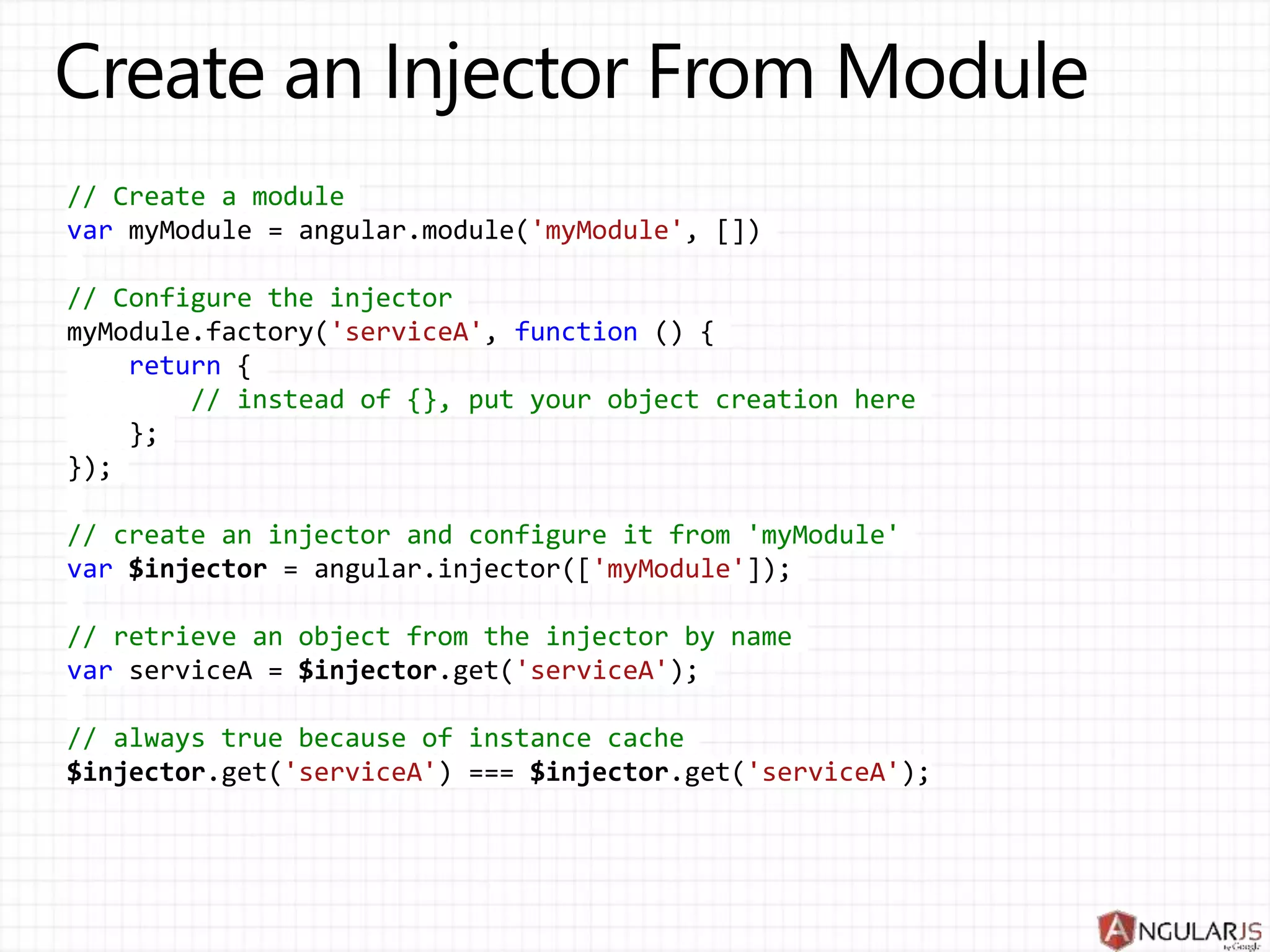 // Create a module
var myModule = angular.module('myModule', [])
// Configure the injector
myModule.factory('serviceA', function () {
return {
// instead of {}, put your object creation here
};
});
// create an injector and configure it from 'myModule'
var $injector = angular.injector(['myModule']);
// retrieve an object from the injector by name
var serviceA = $injector.get('serviceA');
// always true because of instance cache
$injector.get('serviceA') === $injector.get('serviceA');
 