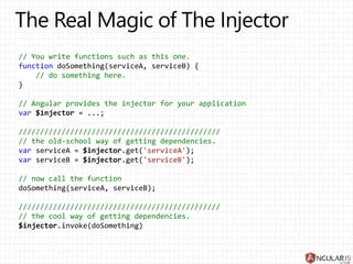 // You write functions such as this one.
function doSomething(serviceA, serviceB) {
// do something here.
}
// Angular provides the injector for your application
var $injector = ...;
///////////////////////////////////////////////
// the old-school way of getting dependencies.
var serviceA = $injector.get('serviceA');
var serviceB = $injector.get('serviceB');
// now call the function
doSomething(serviceA, serviceB);
///////////////////////////////////////////////
// the cool way of getting dependencies.
$injector.invoke(doSomething)
 