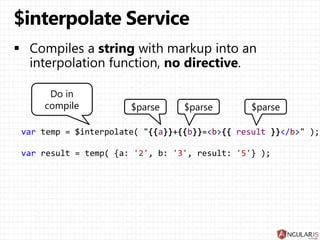 var temp = $interpolate( "{{a}}+{{b}}=<b>{{ result }}</b>" );
var result = temp( {a: '2', b: '3', result: '5'} );
Do in
compile $parse $parse $parse
 