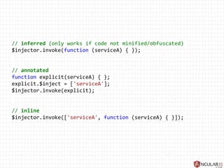 // inferred (only works if code not minified/obfuscated)
$injector.invoke(function (serviceA) { });
// annotated
function explicit(serviceA) { };
explicit.$inject = ['serviceA'];
$injector.invoke(explicit);
// inline
$injector.invoke(['serviceA', function (serviceA) { }]);
 