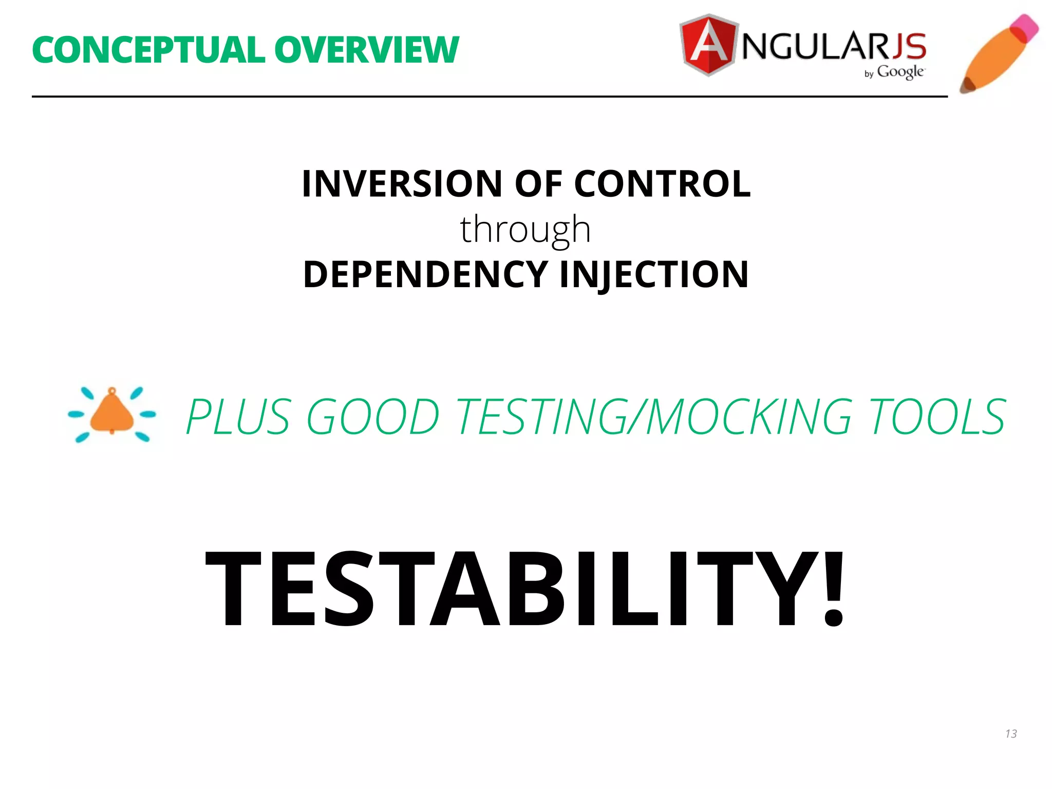 CONCEPTUAL OVERVIEW INVERSION OF CONTROL through DEPENDENCY INJECTION PLUS GOOD TESTING/MOCKING TOOLS TESTABILITY! 13 