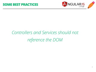SOME BEST PRACTICES 
Controllers and Services should not 
reference the DOM 
36 
 
