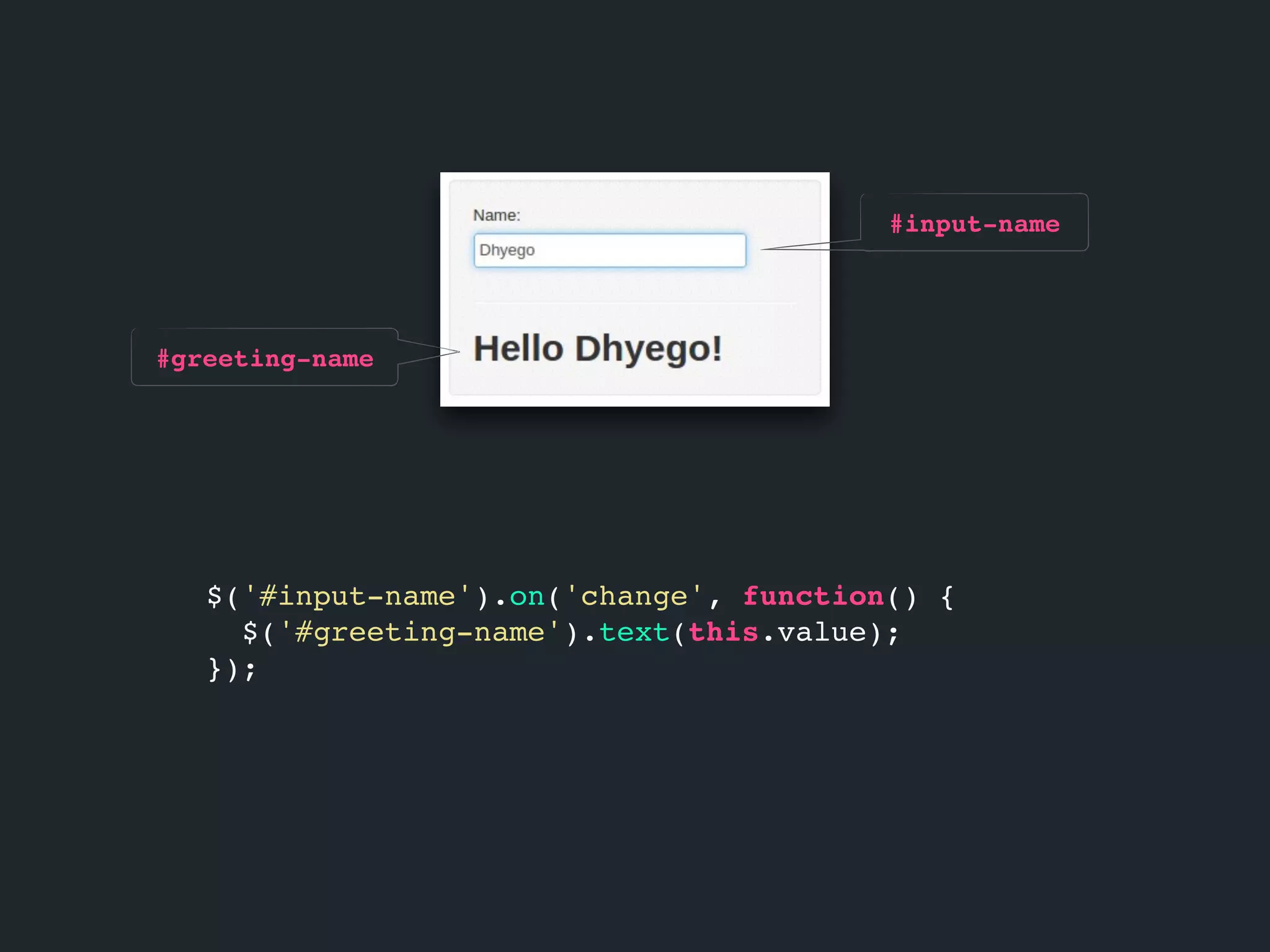 $('#input-name').on('change', function() { $('#greeting-name').text(this.value); }); #input-name #greeting-name 