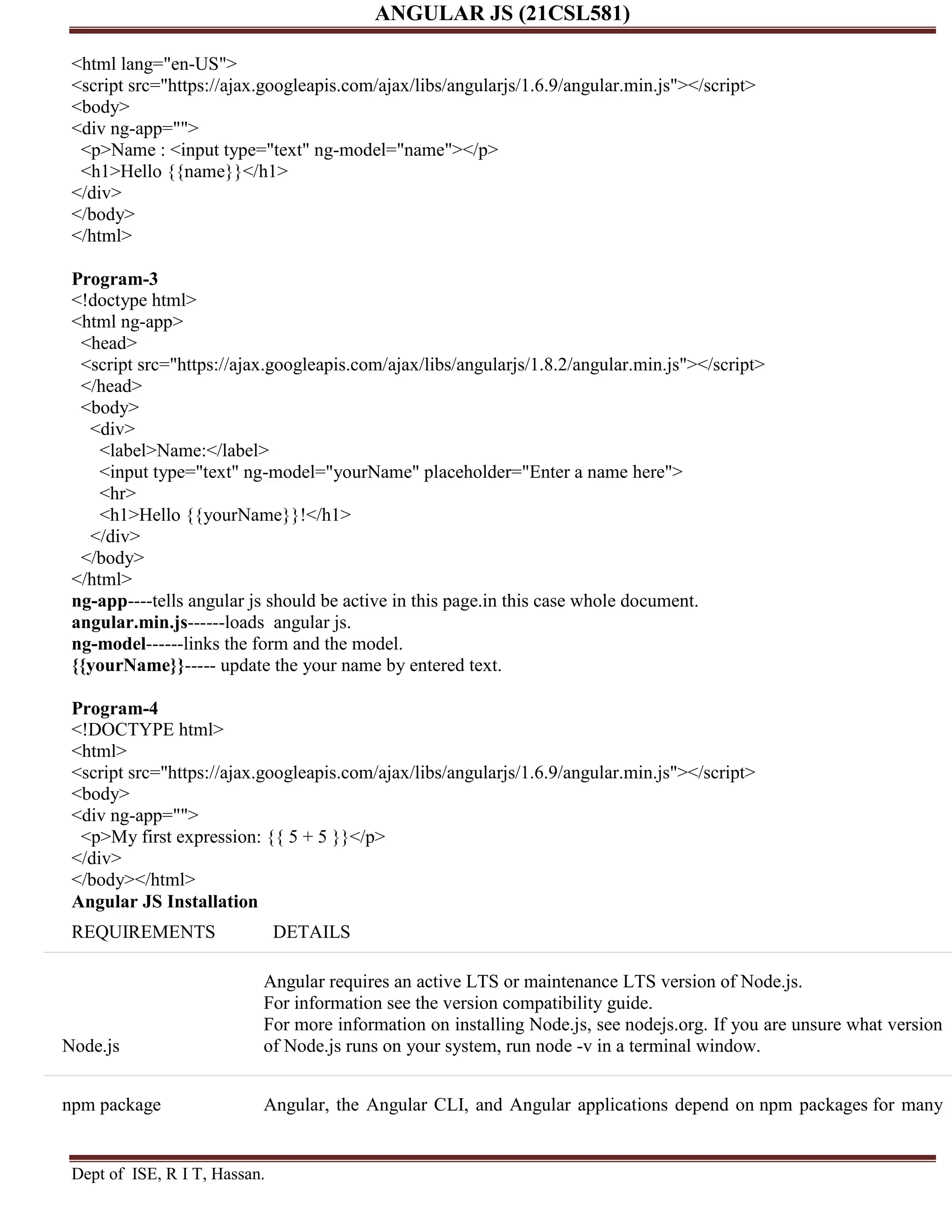 ANGULAR JS (21CSL581) Dept of ISE, R I T, Hassan. <html lang="en-US"> <script src="https://ajax.googleapis.com/ajax/libs/angularjs/1.6.9/angular.min.js"></script> <body> <div ng-app=""> <p>Name : <input type="text" ng-model="name"></p> <h1>Hello {{name}}</h1> </div> </body> </html> Program-3 <!doctype html> <html ng-app> <head> <script src="https://ajax.googleapis.com/ajax/libs/angularjs/1.8.2/angular.min.js"></script> </head> <body> <div> <label>Name:</label> <input type="text" ng-model="yourName" placeholder="Enter a name here"> <hr> <h1>Hello {{yourName}}!</h1> </div> </body> </html> ng-app----tells angular js should be active in this page.in this case whole document. angular.min.js------loads angular js. ng-model------links the form and the model. {{yourName}}----- update the your name by entered text. Program-4 <!DOCTYPE html> <html> <script src="https://ajax.googleapis.com/ajax/libs/angularjs/1.6.9/angular.min.js"></script> <body> <div ng-app=""> <p>My first expression: {{ 5 + 5 }}</p> </div> </body></html> Angular JS Installation REQUIREMENTS DETAILS Node.js Angular requires an active LTS or maintenance LTS version of Node.js. For information see the version compatibility guide. For more information on installing Node.js, see nodejs.org. If you are unsure what version of Node.js runs on your system, run node -v in a terminal window. npm package Angular, the Angular CLI, and Angular applications depend on npm packages for many 