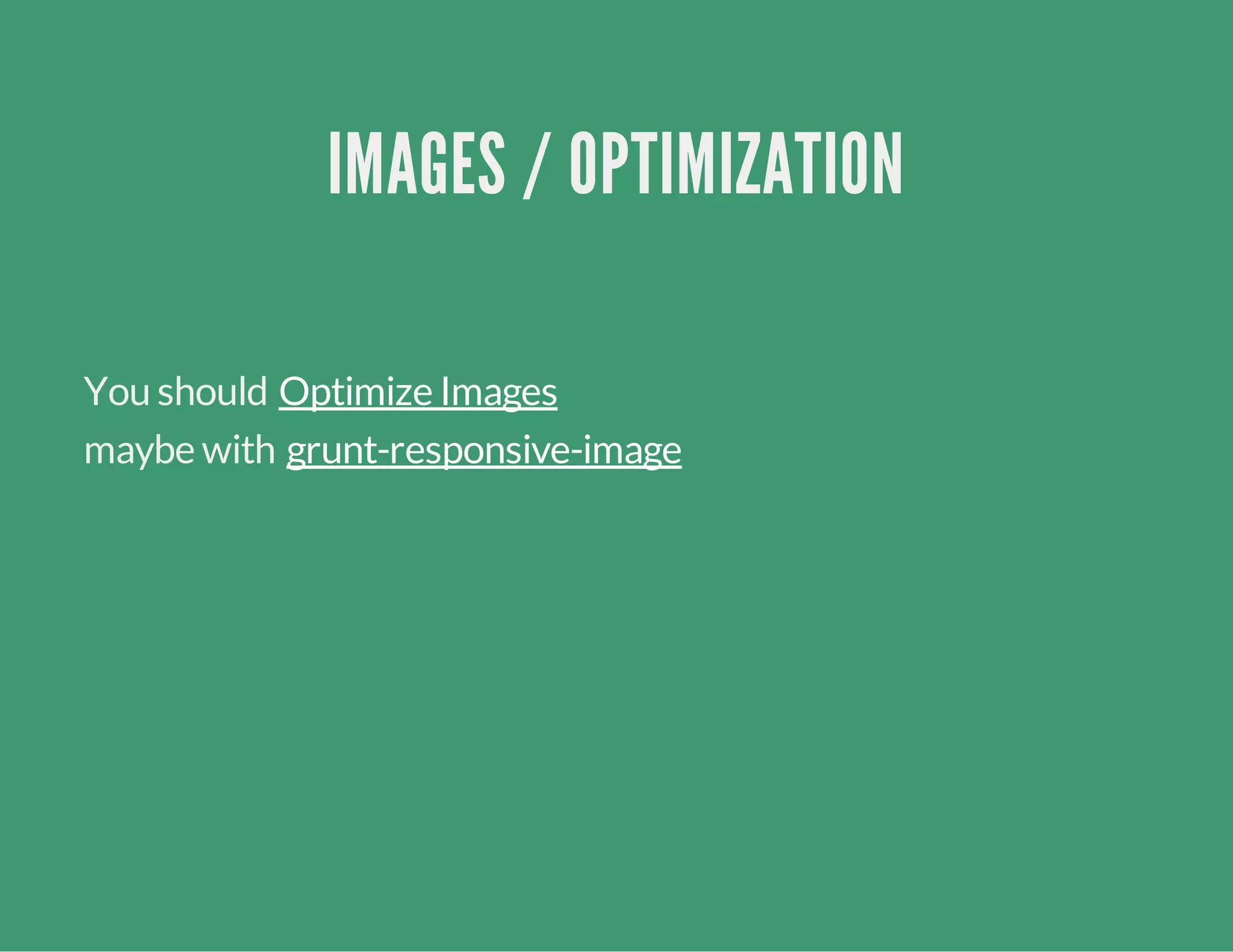 IMAGES / OPTIMIZATION
You should
maybe with
Optimize Images
grunt-responsive-image
 