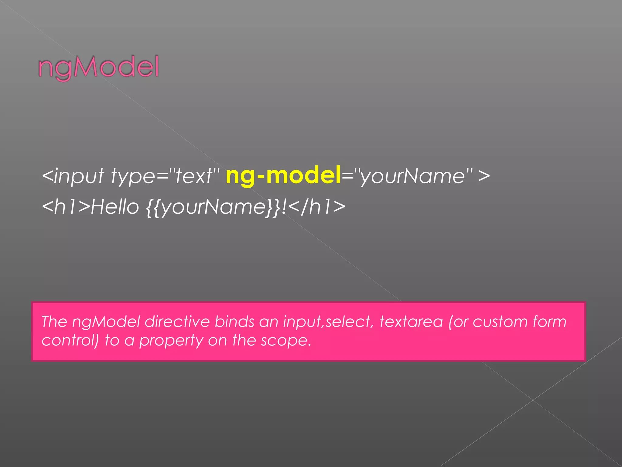 <input type="text" ng-model="yourName" > <h1>Hello {{yourName}}!</h1> The ngModel directive binds an input,select, textarea (or custom form control) to a property on the scope. 